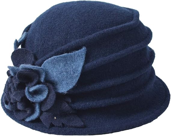 Vintage Women Floral Wool Dress Cloche Winter Hat
