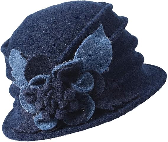 Vintage Women Floral Wool Dress Cloche Winter Hat